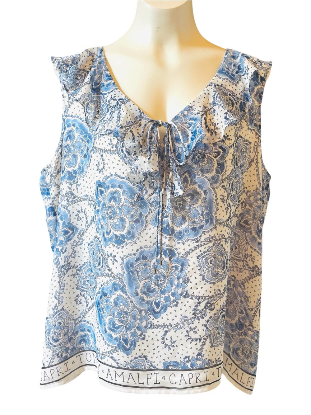 Tommy Hilfiger Paisley Ruffle Tie Neck Sleeveless Blouse Blue White XL NWOT